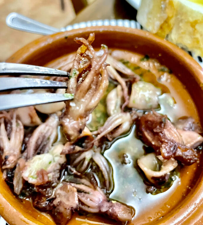 🫙Baby squid cazuela - Slow-cooked in garlic, parsley and white wine — the kind of tapa you order twice and dream about after.
